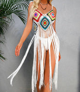 Saída de Praia Crochê Franja Feminina com franjas longas e design boho em crochê artesanal, ideal para moda praia